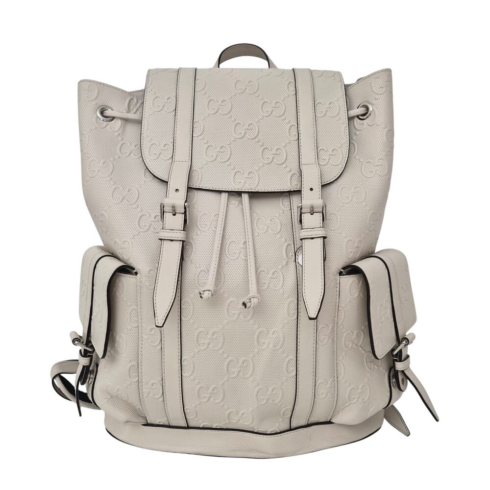 Gucci Leather GG Embossed Double Buckle Backpack Cream